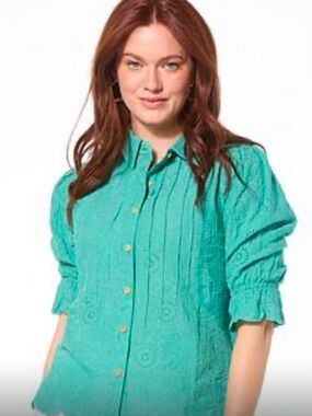 Democracy Teal Eyelet Button-Down Shirt